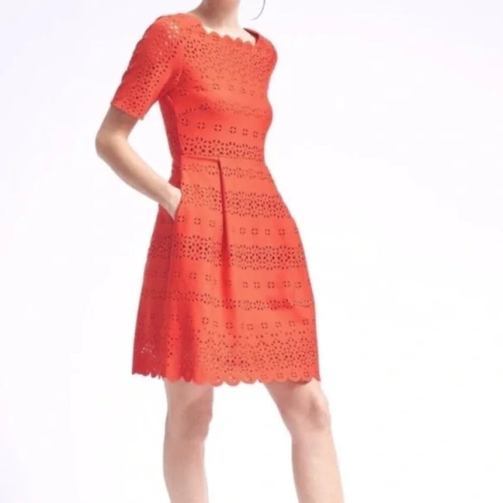 Banana Republic Orange Eyelet Short Sleeve Fit-and-Flare Dress